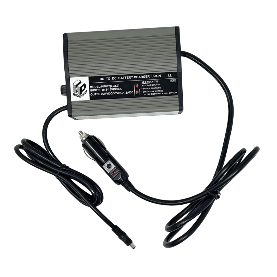 The Glion SNAPnGO Scooter Accessories rectangular DC to DC battery charger boasts a sleek silver and black design, ideal for charging Lithium-ion Batteries. It includes a long black power cable with car adapter plug and printed specs, perfect for SNAPnGO or mobility scooter users.